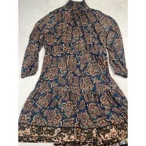 Leota Dress Womens 1X Blue Multicolor Paisley Boho Long Sleeve Midi Smocked Neck